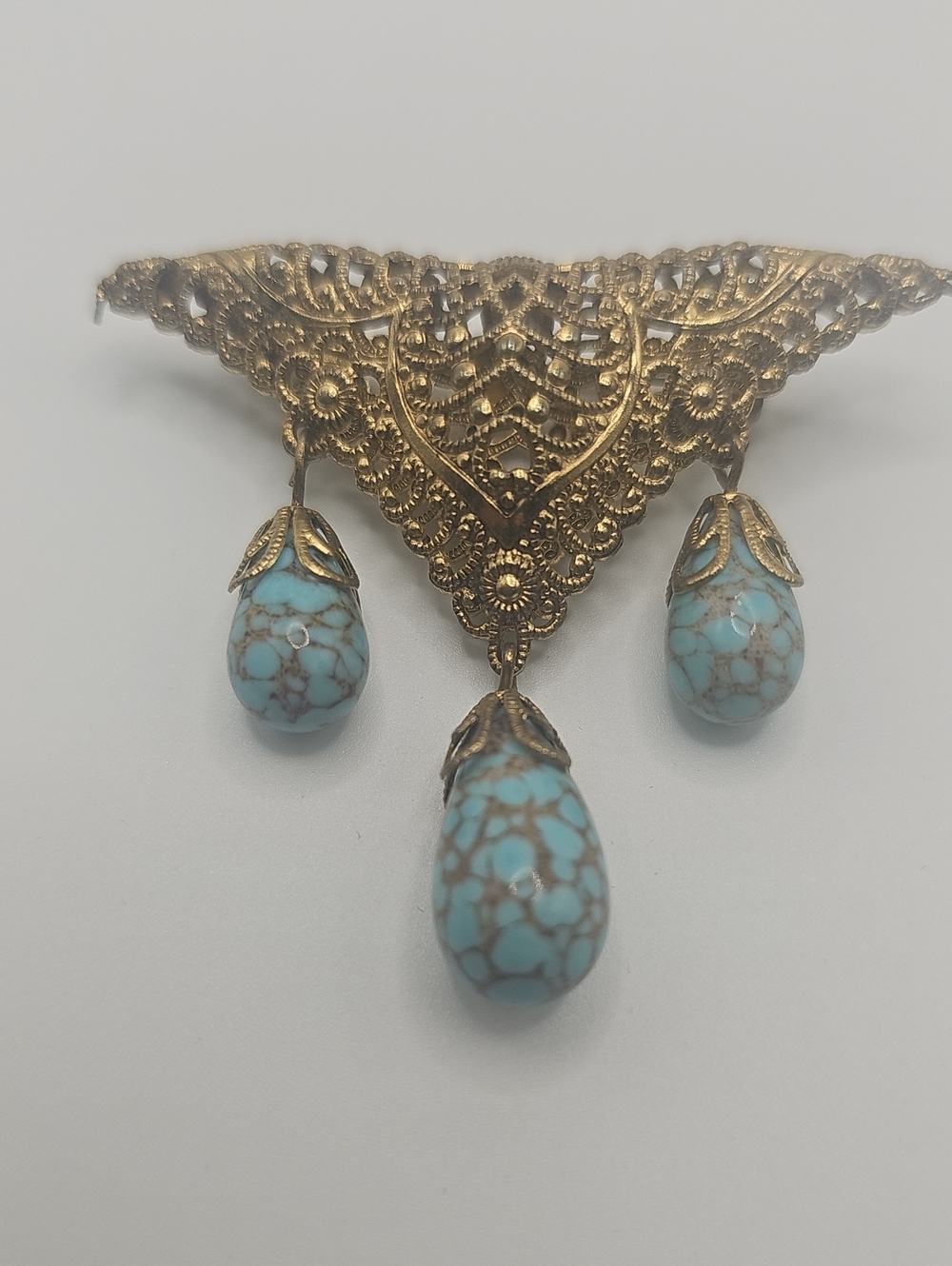 Vintage-Style Gold Filigree Pendant with Turquoise Teardrops